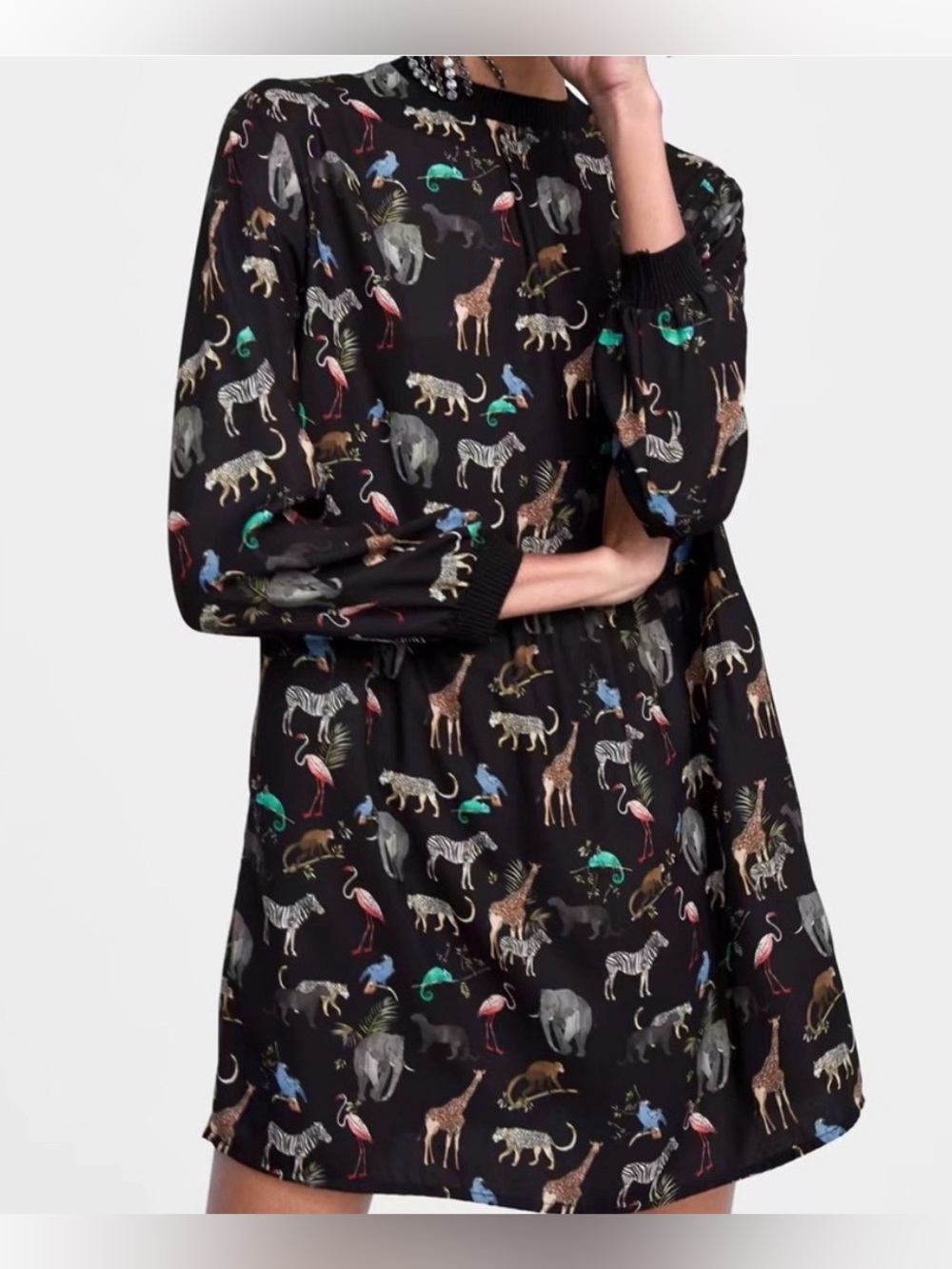 Zara animal zoo print long sleeve short dress black size small